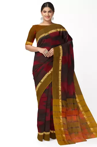 maroon black ikat pure cotton blend saree with olive border