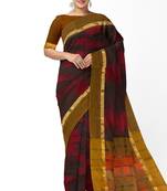 maroon black ikat pure cotton blend saree with olive border