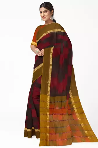 maroon black ikat pure cotton blend saree with olive border
