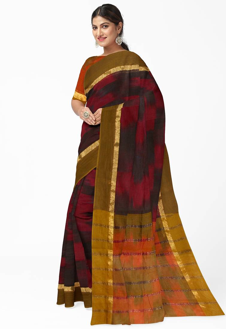 maroon black ikat pure cotton blend saree with olive border