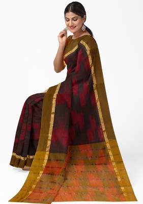 maroon black ikat pure cotton blend saree with olive border 3