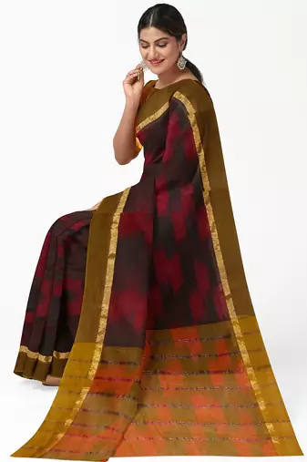 maroon black ikat pure cotton blend saree with olive border