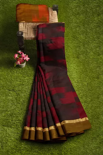 maroon black ikat pure cotton blend saree with olive border