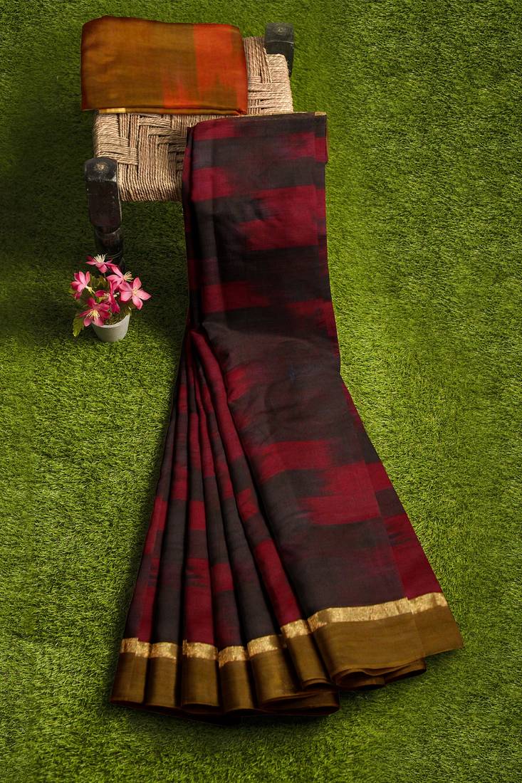 maroon black ikat pure cotton blend saree with olive border