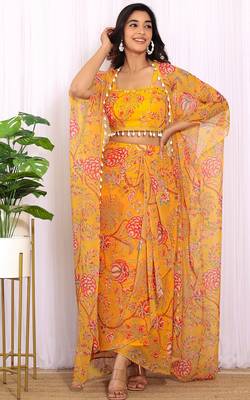 Mustard floral printed georgette crop top & draped skirt co-ord set 1