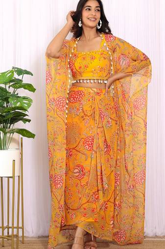 Mustard floral printed georgette crop top & draped skirt co-ord set