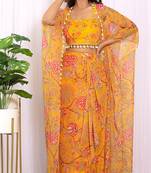 Mustard floral printed georgette crop top & draped skirt co-ord set