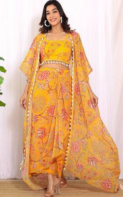 Mustard floral printed georgette crop top & draped skirt co-ord set 2