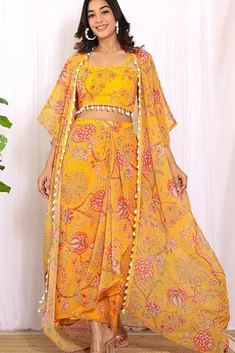 Mustard floral printed georgette crop top & draped skirt co-ord set