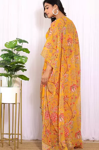 Mustard floral printed georgette crop top & draped skirt co-ord set