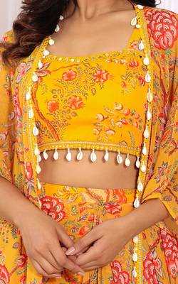 Mustard floral printed georgette crop top & draped skirt co-ord set 4