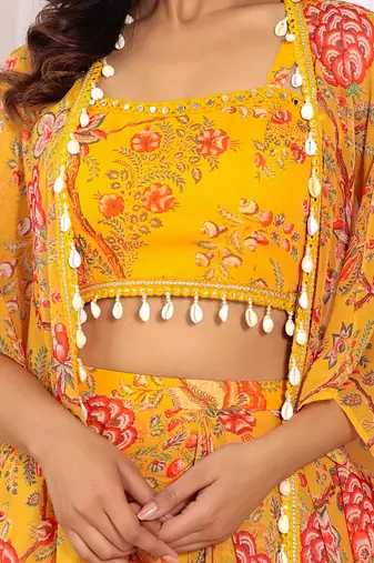 Mustard floral printed georgette crop top & draped skirt co-ord set