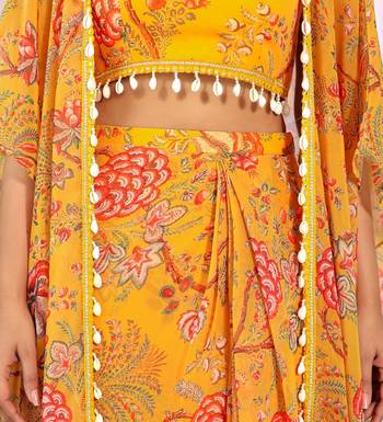 Mustard floral printed georgette crop top & draped skirt co-ord set 5