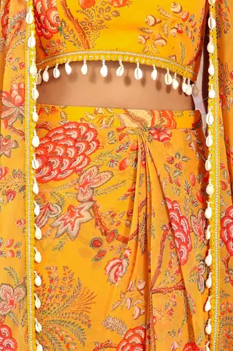 Mustard floral printed georgette crop top & draped skirt co-ord set