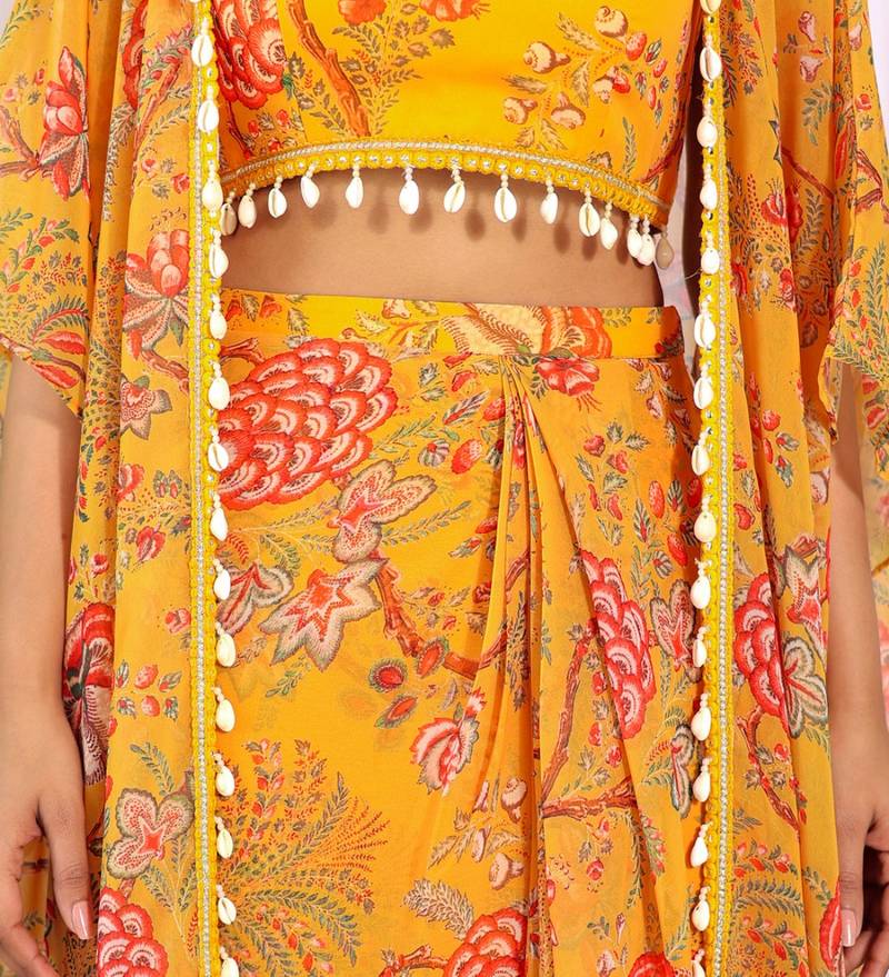 Mustard floral printed georgette crop top & draped skirt co-ord set