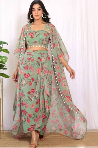 Forest green georgette crop top & draped skirt co-ord set