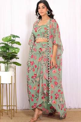 Forest green georgette crop top & draped skirt co-ord set 2