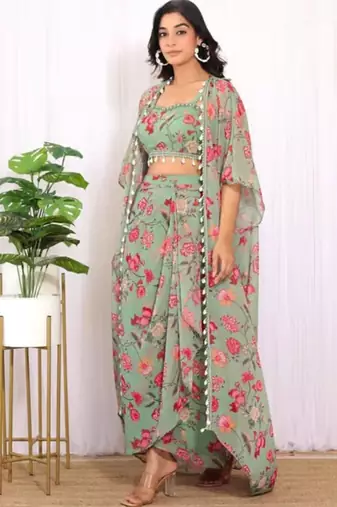 Forest green georgette crop top & draped skirt co-ord set