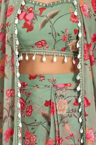 Forest green georgette crop top & draped skirt co-ord set