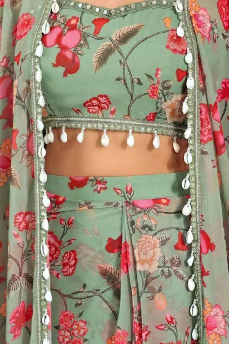 Forest green georgette crop top & draped skirt co-ord set