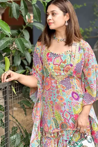 Aqua kitschy printed crop top and sharara set