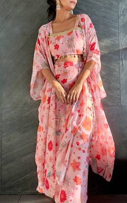 Pink tropical crop top & draped skirt co-ord set 1