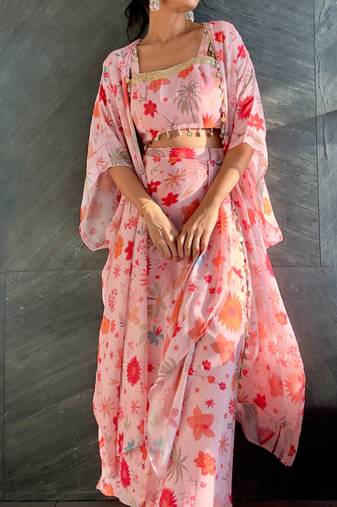 Pink tropical crop top & draped skirt co-ord set