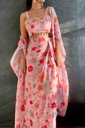 Pink tropical crop top & draped skirt co-ord set
