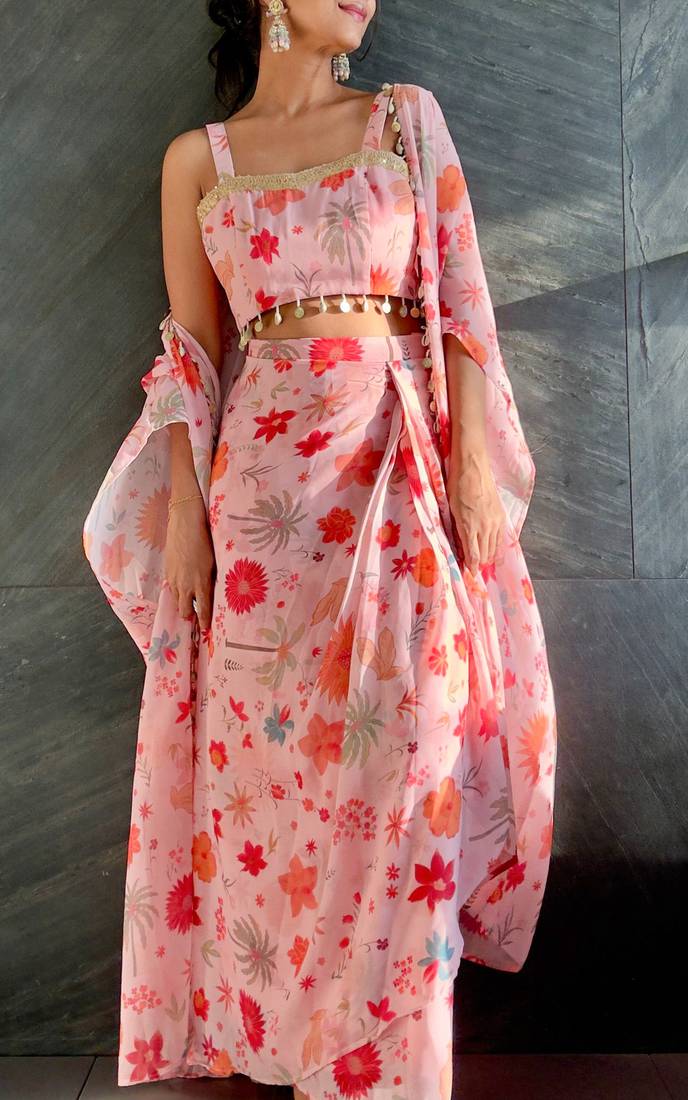 Pink tropical crop top & draped skirt co-ord set