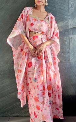 Pink tropical crop top & draped skirt co-ord set 4
