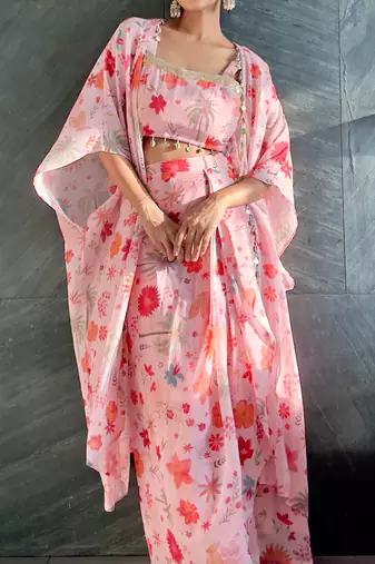 Pink tropical crop top & draped skirt co-ord set