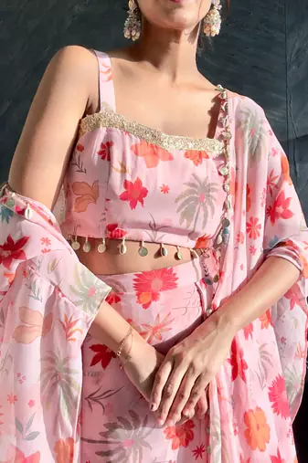 Pink tropical crop top & draped skirt co-ord set