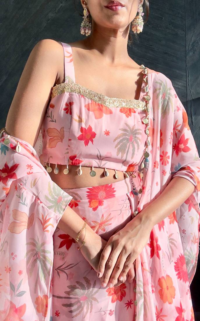 Pink tropical crop top & draped skirt co-ord set