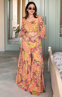 Yellow colorful printed  crop-top & sharara set 1