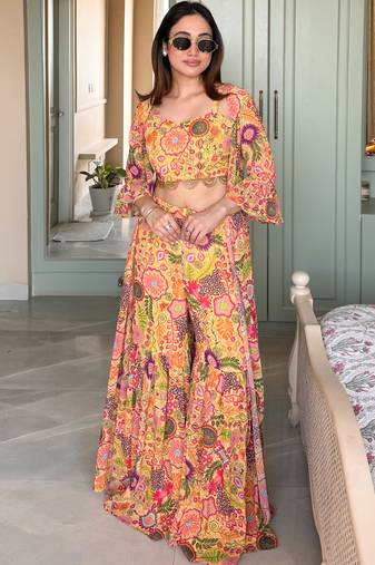 Yellow colorful printed  crop-top & sharara set