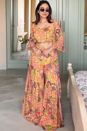 Yellow colorful printed  crop-top & sharara set