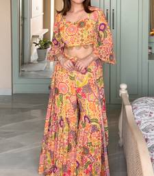 Yellow colorful printed  crop-top & sharara set