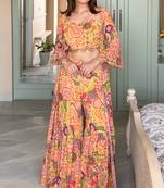 Yellow colorful printed  crop-top & sharara set
