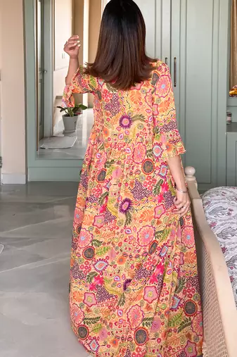 Yellow colorful printed  crop-top & sharara set