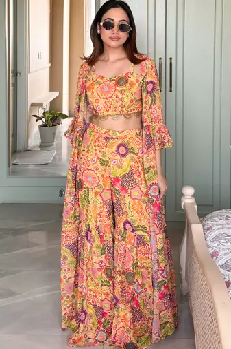 Yellow colorful printed  crop-top & sharara set