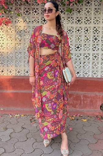 Purple kitschy crop top draped skirt co-ord set