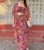 Purple kitschy crop top draped skirt co-ord set