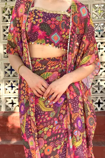 Purple kitschy crop top draped skirt co-ord set