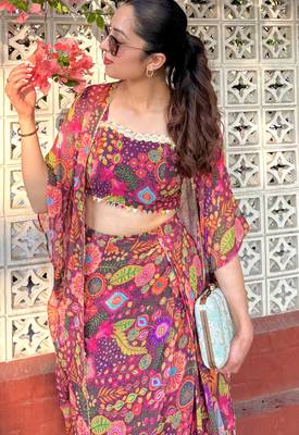 Purple kitschy crop top draped skirt co-ord set 4