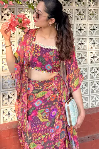Purple kitschy crop top draped skirt co-ord set