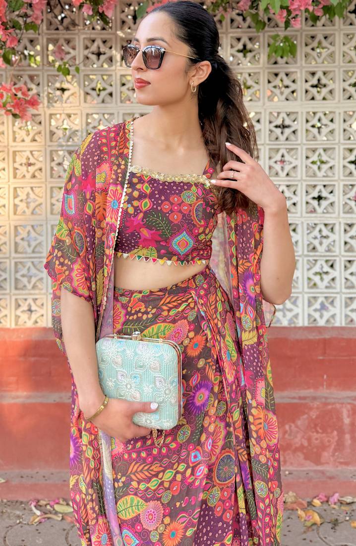 Purple kitschy crop top draped skirt co-ord set