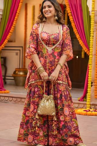 Purple kitschy print crop top and sharara set