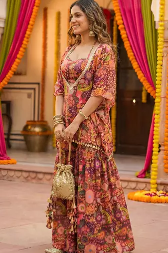 Purple kitschy print crop top and sharara set