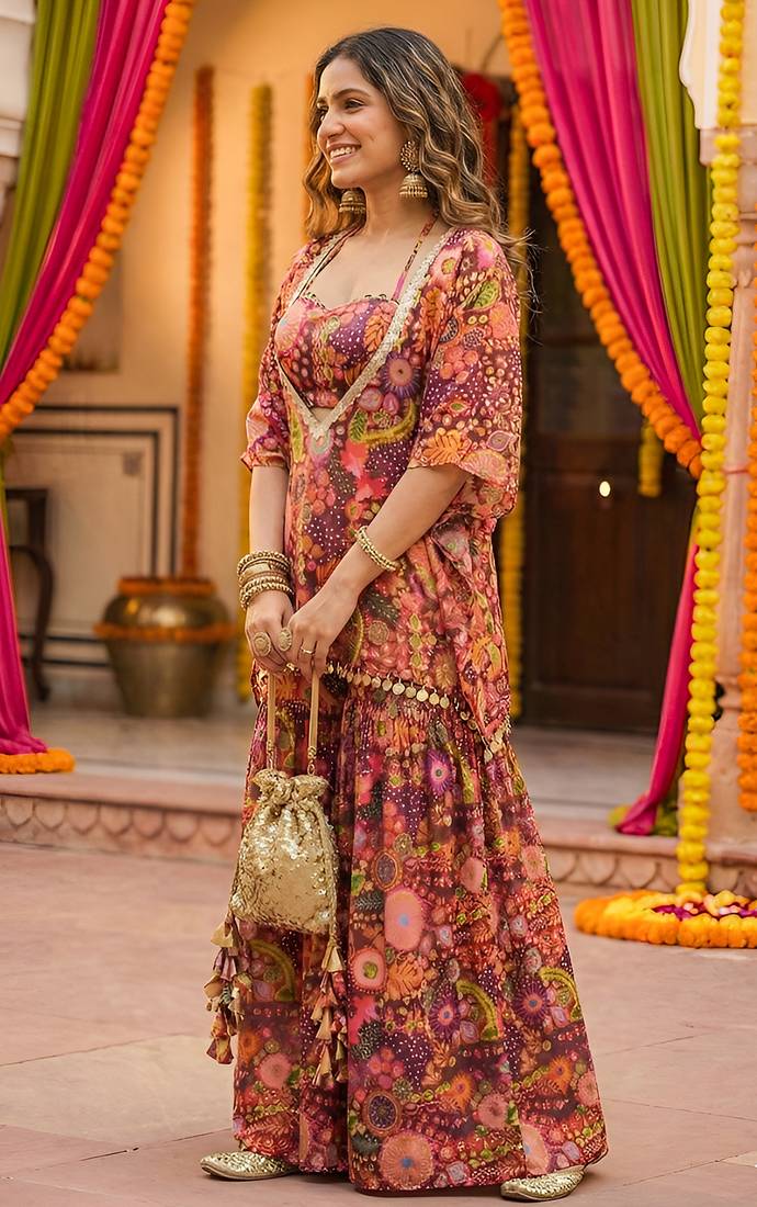 Purple kitschy print crop top and sharara set
