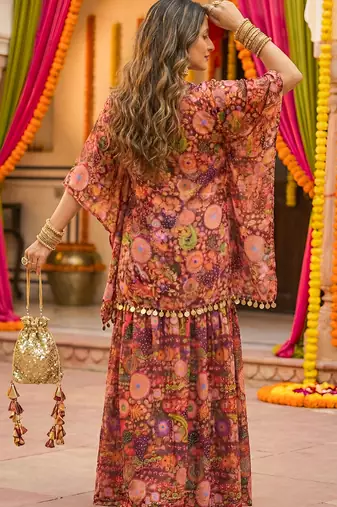 Purple kitschy print crop top and sharara set